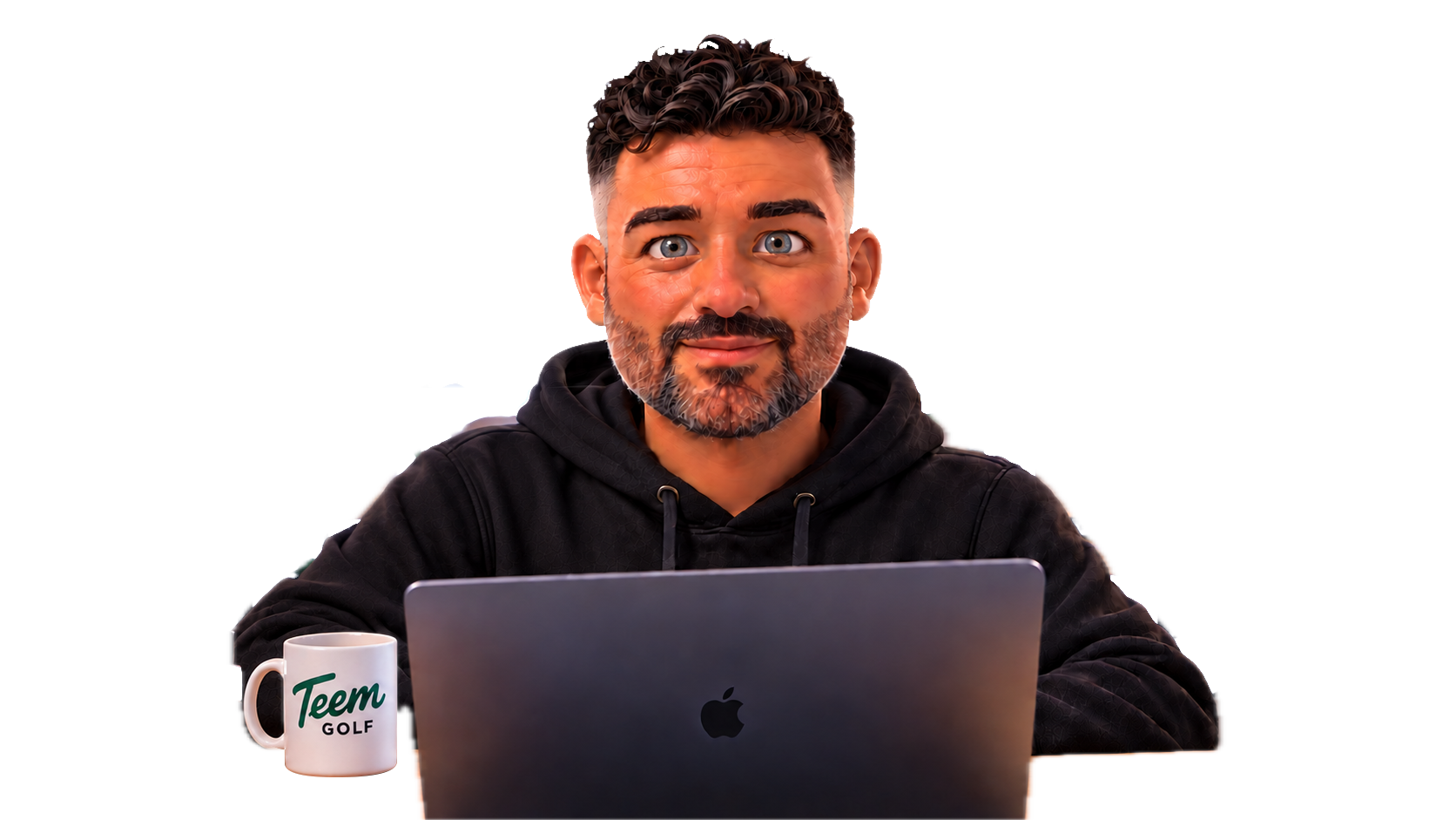 Mike seated at his desk with a Teem Golf mug resting beside his laptop