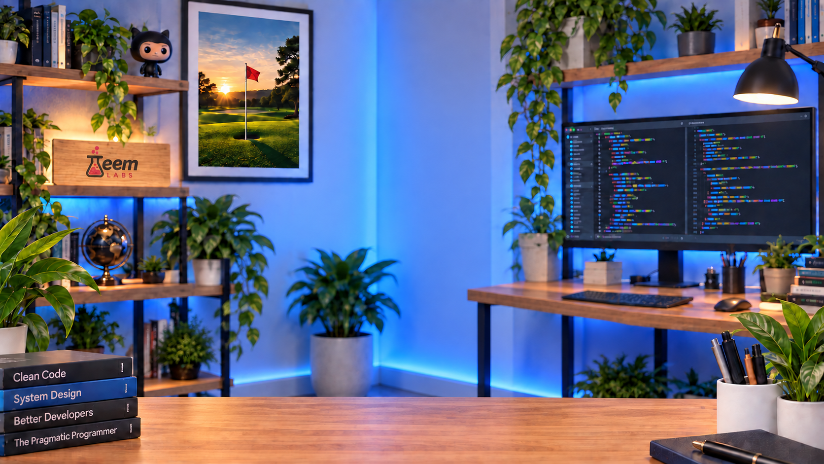 Mike’s studio with a Teem Labs plaque, golf picture, code monitor and shelves